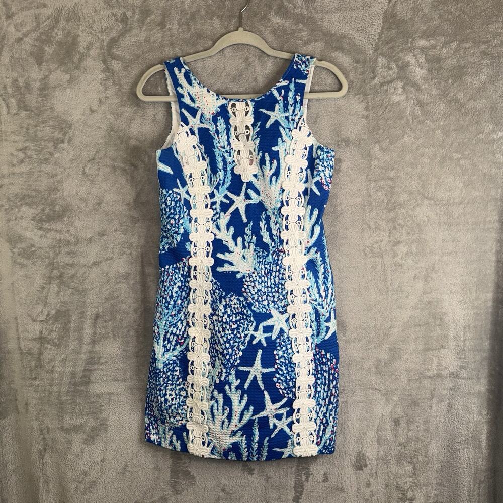 Lilly Pulitzer Shift Dress Size 8 Blue Coral Starfish Lace Trim Seersucker Vaca